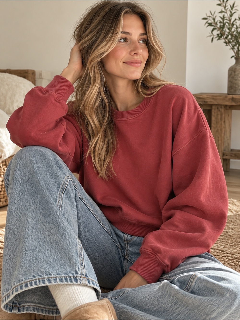 American Eagle Outfitters Cropped Crewneck Sweatshirt Dusty Rose Pink
